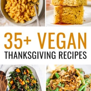 Collage of 8 vegan thanksgiving dishes.