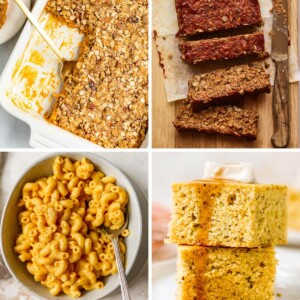 Collage of photos: sweet potato casserole, lentil loaf, vegan mac and cheese and vegan cornbread.