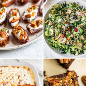 Collage of 4 vegetarian thanksgiving dishes.