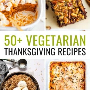 Collage of 8 vegetarian thanksgiving dishes.
