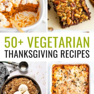 Collage of 8 vegetarian thanksgiving dishes.