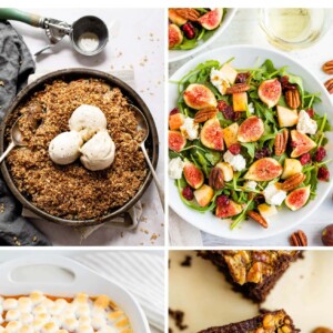 Collage of 4 vegetarian thanksgiving dishes.