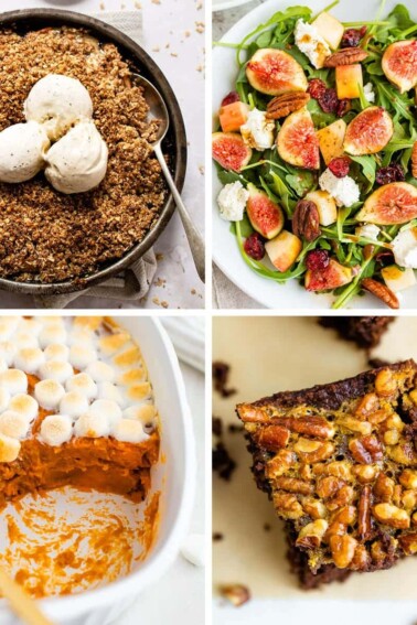 Collage of photos: apple crisp, fig salad, sweet potato casserole, pecan pie brownies.