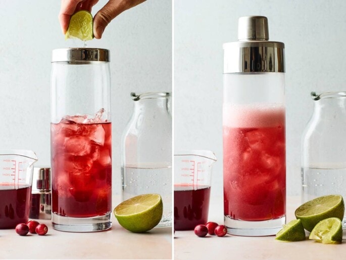 Side by side photos of a vodka cranberry in a shaker. The first photo, a hand is squeezing lime into the shaker. The second photo is the shaker shaken up.