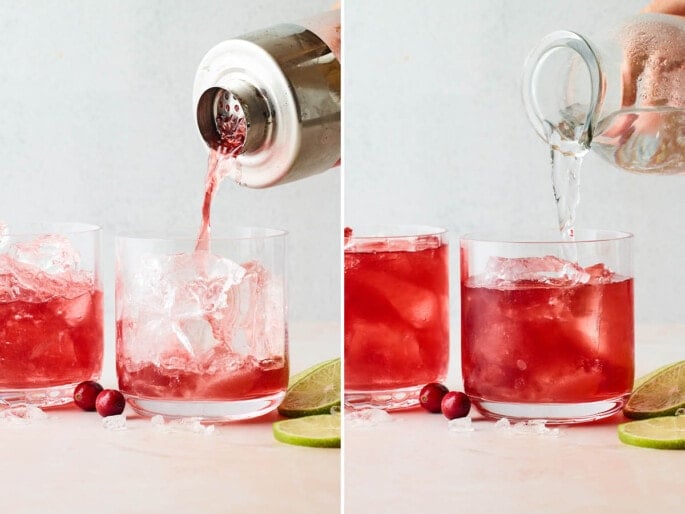 Side by side photos: photo one is a shaker of vodka cranberry being poured into a glass of ice. Photo two is the glass being topped off with lime sparkling water.