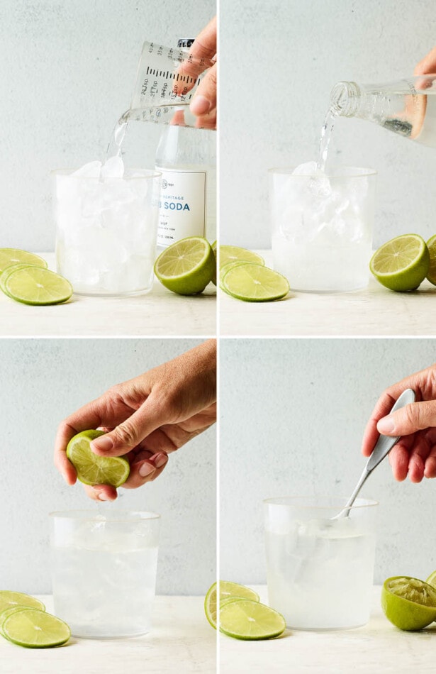 Four photos collaged together showing the steps of making a vodka soda: hand pouring vodka into a glass of ice, hand pouring in club soda, hand squeezing in lime juice and finally hand stirring the drink with a spoon.