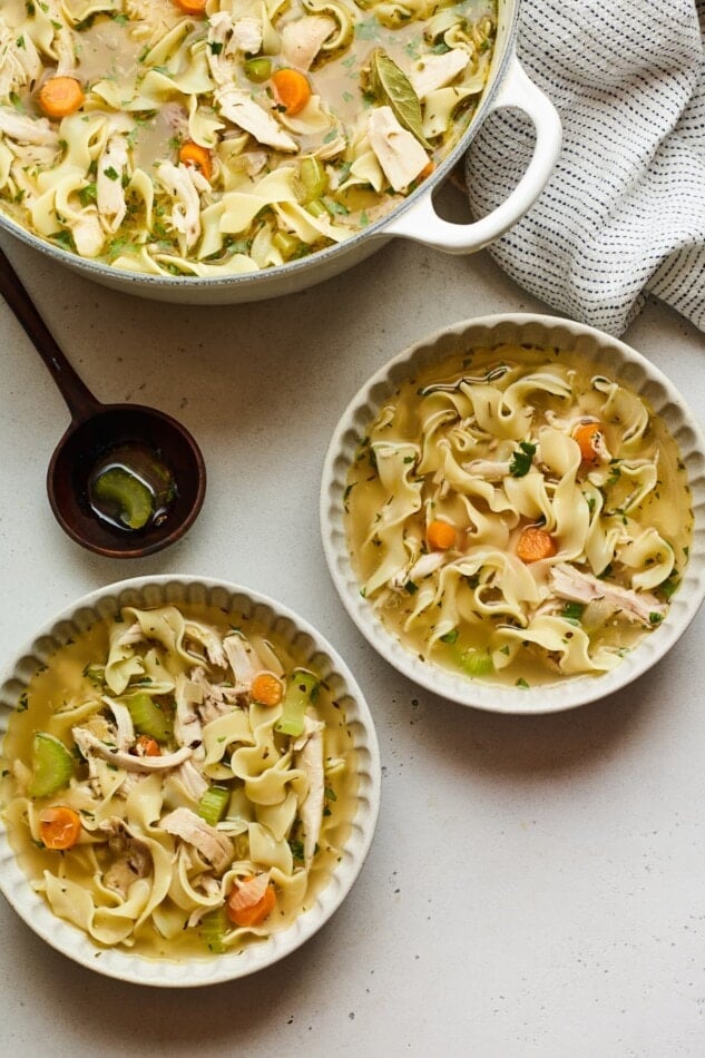 An overhead view of two bowls of chicken noodle soup. There is a pot of soup halfway in the frame and a ladle resting next to the pot.