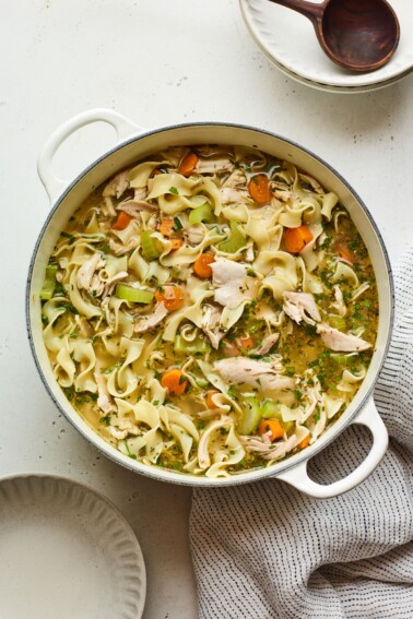 Overhead view of a dutch oven containing chicken noodle soup.