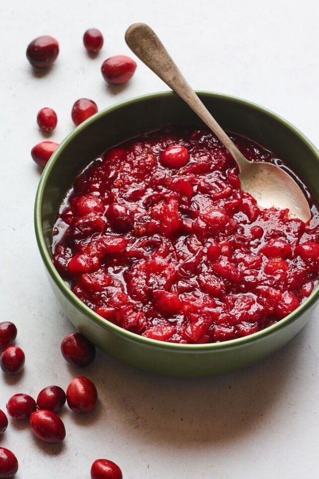 A bowl containing healthy cranberry sauce. A spoon is resting in the bowl and there are a few whole cranberries scattered around the bowl.