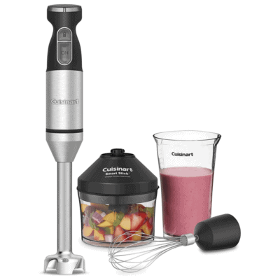 A stainless steel hand blender with various attachments.