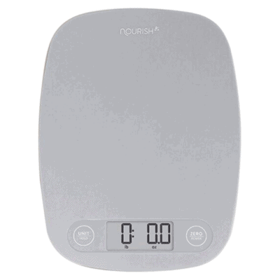 A grey digital kitchen scale.