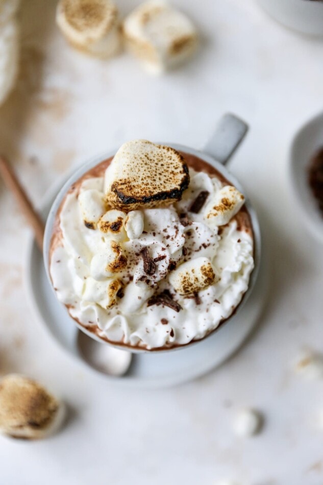 An overhead photo of a mug of healthy hot cocoa. It has been topped with whipped cream and toasted marshmallows.