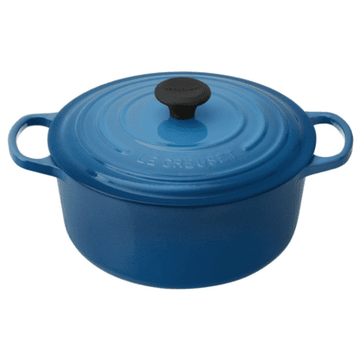 A blue dutch oven with the lid on.