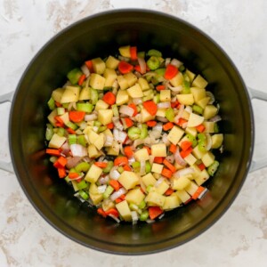 Chopped veggies for minestrone soup in a large pot.