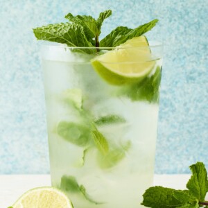 A clear glass containing a skinny mojito. There is a sprig of mint inside the glass alongside of a lime wedge. Extra mint leaves and lime are around the glass on the counter.