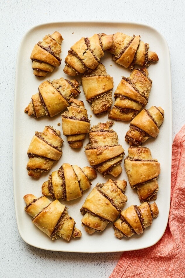 An overhead view of Rugelach on a serving platter.