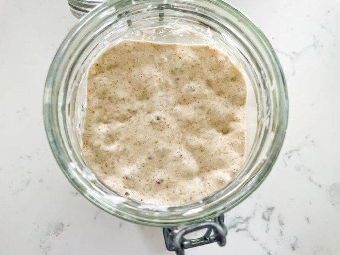 Sourdough starter in a glass jar. 