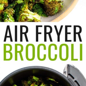 An overhead view of a bowl of air fried broccoli. Below is a photo of broccoli cooked in an air fryer basket.