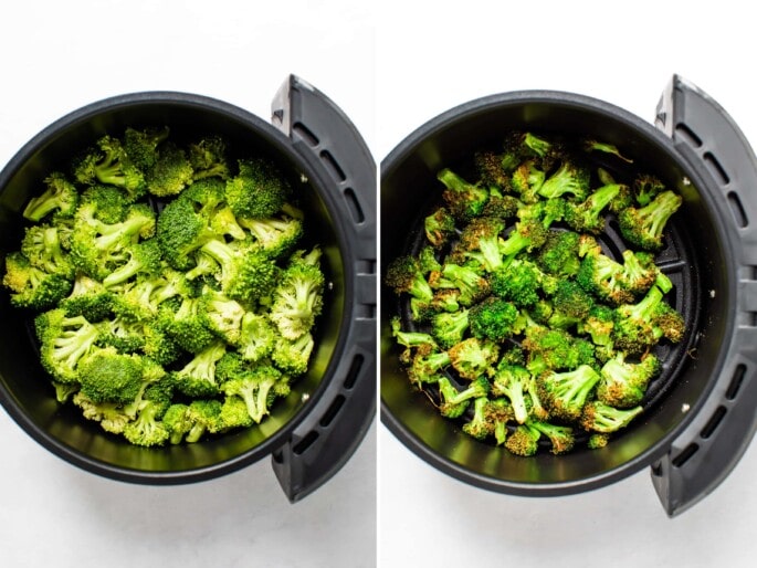 Side by side photos of broccoli in an air fryer basket, before and after being cooked.