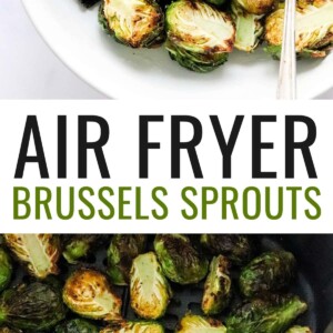 Serving bowl and spoon with crispy air fried brussels sprouts. Photo below is the brussels in an air fryer.