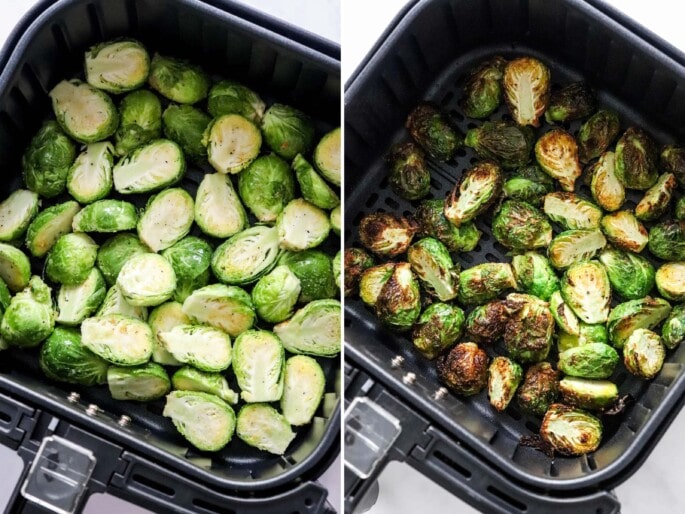 Side by side photos of brussels in an air fryer, before and after being air fried.