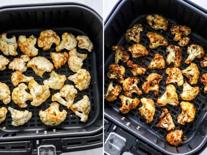 Side by side photos of seasoned cauliflower in an air fryer before and after being cooked.