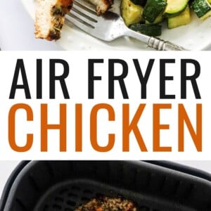 An overhead photo of a plate containing a sliced air fryer chicken breast served with brown rice and zucchini. Photo below is of two chicken breasts in an air fryer basket.