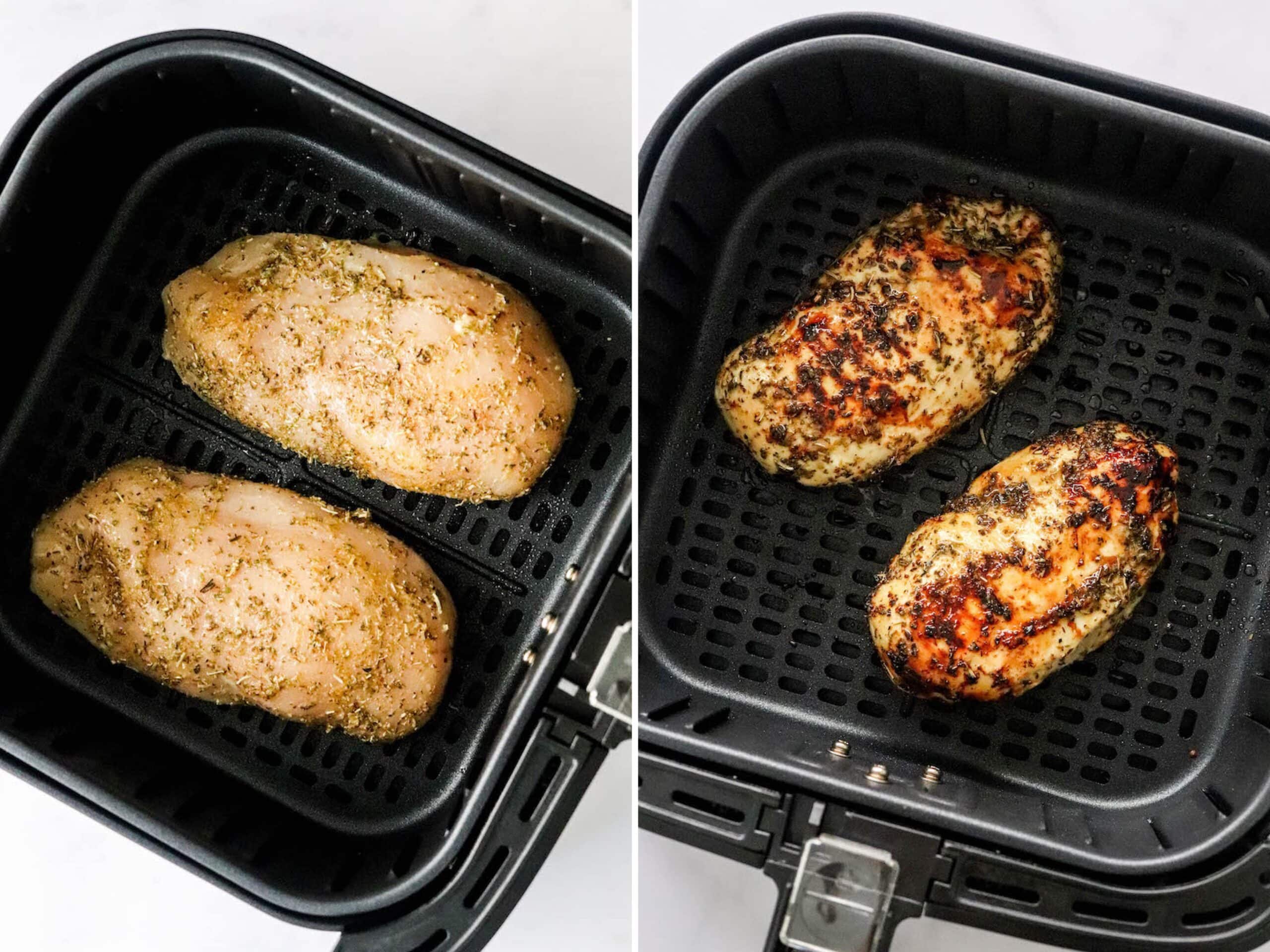 Side by side photos of chicken breasts in an air fryer basket, before and after being cooked.