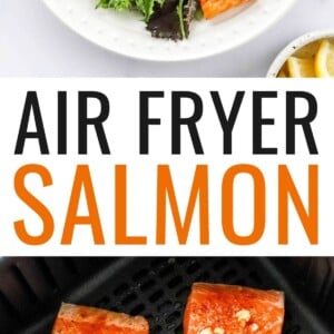 Overhead photo of a plate with filet of air fryer salmon served with leafy greens and lemon slices. Photo below is two salmon filets in an air fryer basket before being cooked.