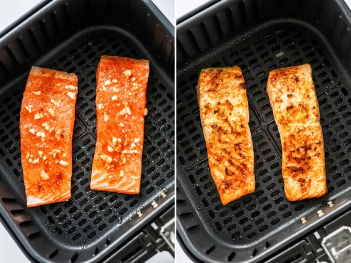Side by side photos of salmon in an air fryer basket, before and after being cooked.