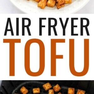 An overhead photo of a plate of air fried tofu with a ramekin of dipping sauce. Photo below is of tofu cubes in the air fryer basket.