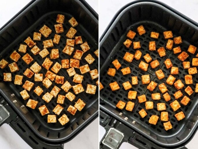 Side by side photo of seasoned tofu cubes in an air fryer basket, before and after being cooked.