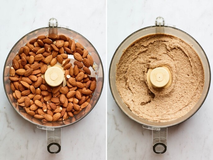 Side by side photos of almonds in a food processor before and after being blended into almond butter.