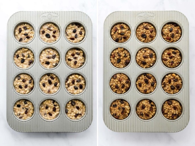Side by side photos of a muffin tin with banana oatmeal cups topped with raisins, before and after being baked.