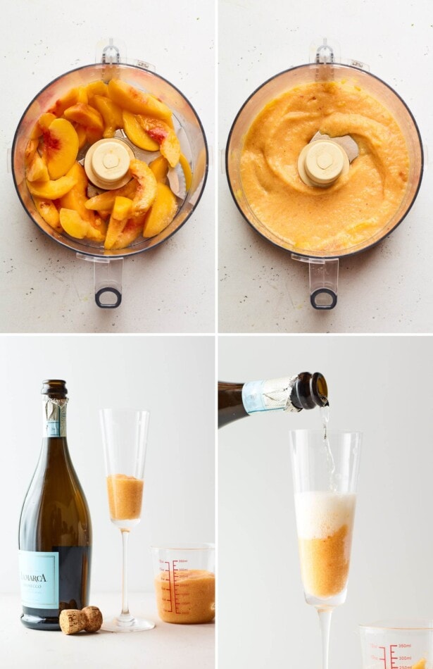 Collage of four photos: two blending peach slices into puree in a food processor, and two showing adding the peach puree into a glass and topping off with prosecco.