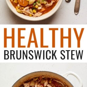 Photos of two bowls of homemade Brunswick stew and a photo of the stew in a pot.