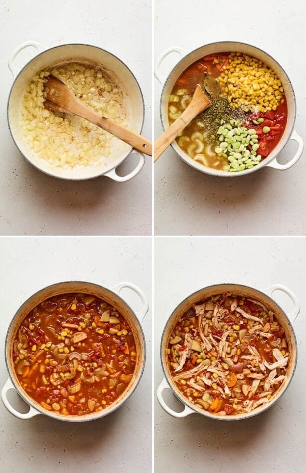 Collage of four photos showing to the steps to make brunswick stew: sautéing onion, adding broth and veggies, cooking the soup and then adding shredded chicken.