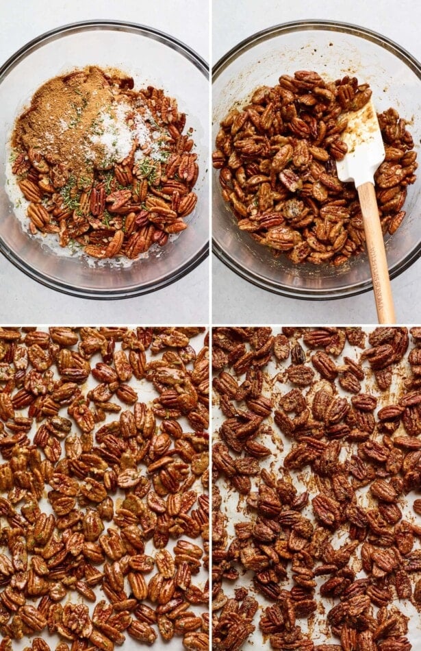 Collage of four photos: stirring pecans, rosemary, salt, coconut sugar and whipped egg whites and then photos of the pecans roasting on a pan.