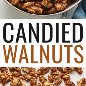 A serving bowl containing candied walnuts. Photo below is the candied pecans on a cookie sheet with a spatula.