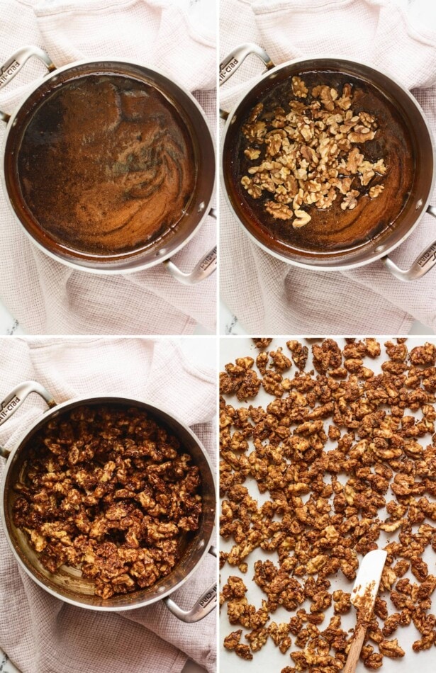 Collage of four photos showing how to make candied walnuts: a pot with melted coconut sugar mixture, adding walnuts in the pan, mixing the walnuts and candied mixture together, and then spreading the walnuts on a sheet pan.