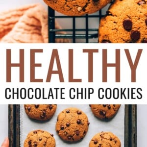 Bird's eye view of chocolate chip cookies, both on a cooling rack and on a cookie sheet.