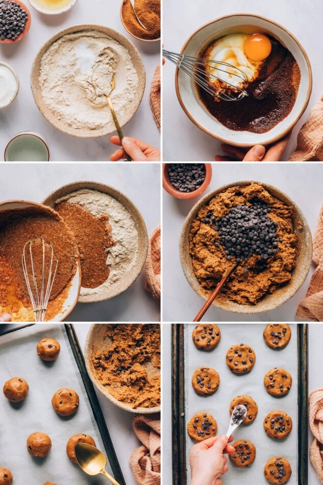 Collage of 6 photos showing the steps to make healthy chocolate chip cookies: mixing dry ingredients, mixing wet ingredients, adding the wet to dry, stirring in chocolate chips, flattening cookie dough balls with a spoon on a cookie tray lined with parchment, and sprinkling extra chocolate chips on top of the cookies.