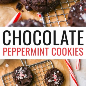 Chocolate peppermint cookies on a wire rack. A cookie with a bite taken out of it is stacked on top of another cookie in the center. Photo below is the peppermint cookies on a mini cooling rack.