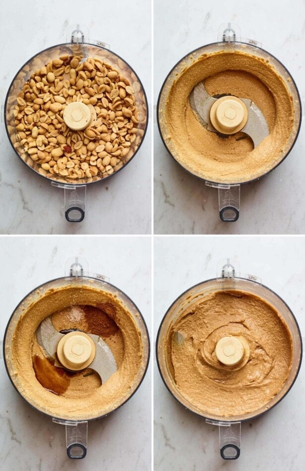 Collage of four photos showing the process of making homemade cinnamon peanut butter: peanuts in a food processor, blending smooth, adding cinnamon and vanilla and salt and blending again.