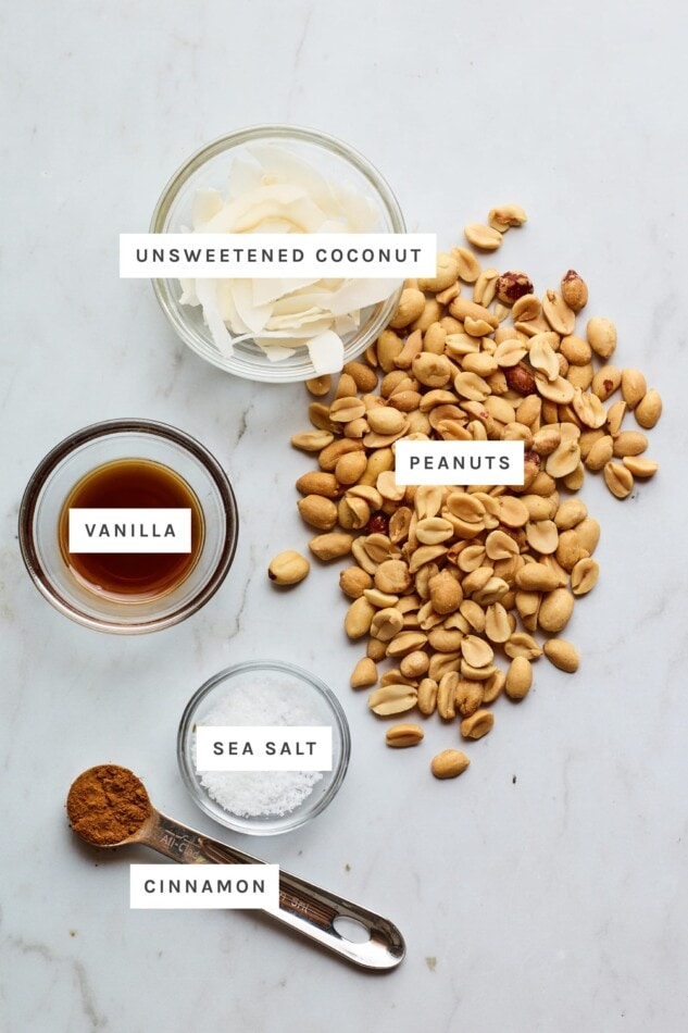 Ingredients measured out to make cinnamon peanut butter: unsweetened coconut, peanuts, vanilla, sea salt and cinnamon.