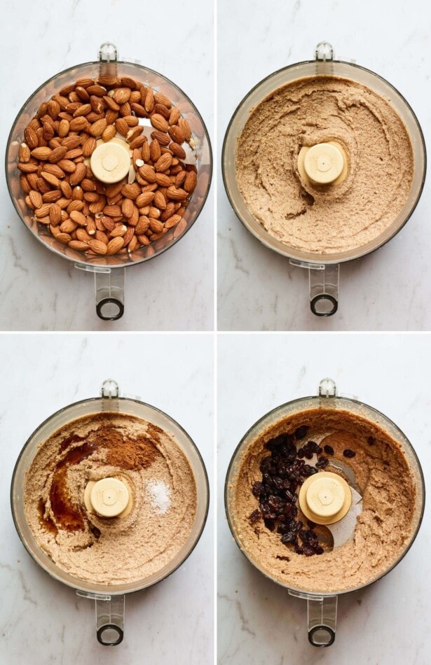 Collage of four photos: almonds in a food processor, blended almond butter in the processor, adding salt, vanilla and cinnamon to the processor, and finally adding raisins to the almond butter in the processor.