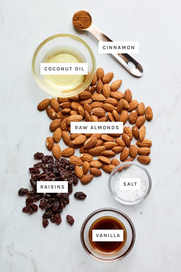 Ingredients measured out on a table to make cinnamon raisin almond butter: cinnamon, coconut oil, raw almonds, raisins, salt and vanilla.