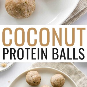 An overhead photo looking down at 5 coconut protein balls on a plate. One of the balls has a bite taken out of it. Photo below is of a plate full of coconut protein balls, one has a bite taken out of it.