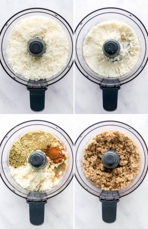 Collage of four photos, two photos of coconut flakes being turned into coconut butter in a food processor, and two photos of ingredients added to the food processor to make coconut protein balls.