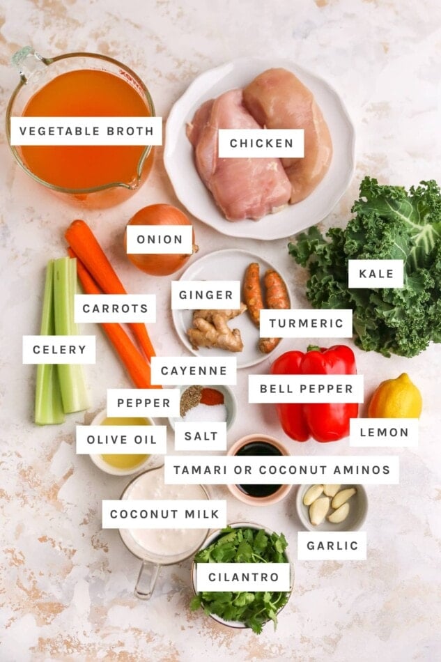 Ingredients measured out to make detox soup: veggie broth, chicken, onion, kale, ginger, turmeric, carrots, celery, cayenne, bell pepper, lemon, salt, pepper, olive oil, tamari, garlic, coconut milk, cilantro.